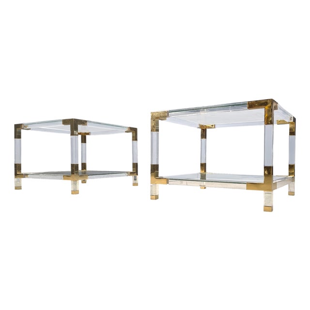 Vintage Acrylic Glass and Brass Side Tables, 1980s, Set of 2 For Sale
