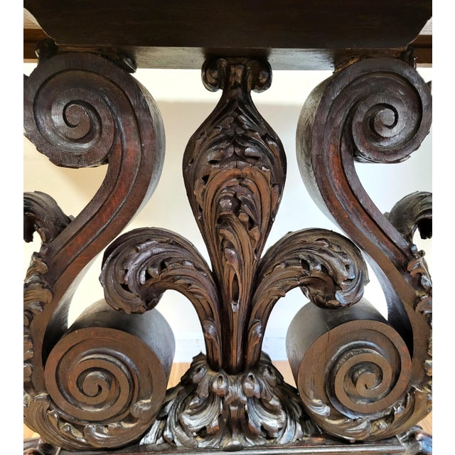 Antique American Carved Oak "Fleur-De-Lis" Base Renaissance Library Center Table For Sale - Image 10 of 13