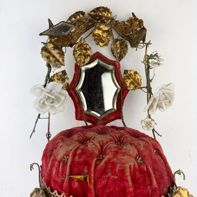 Antique late 1800's French Globe de Mariée wedding keepsake display with its original red velvet cushion, small mirrors,...