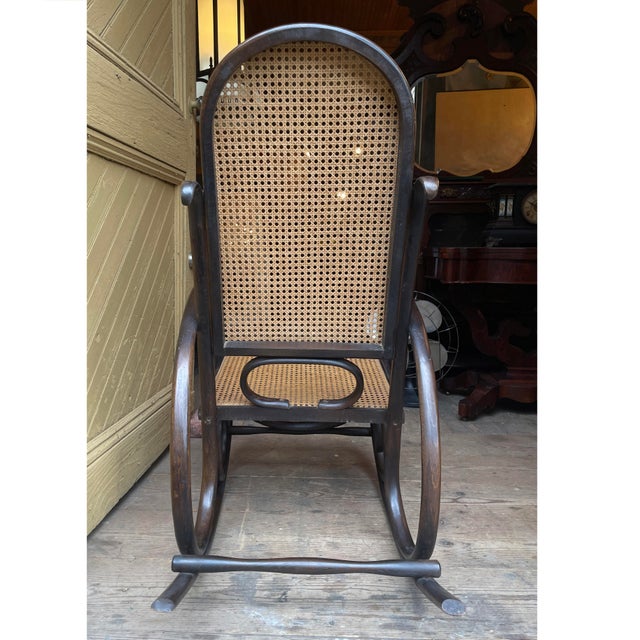 Mid-Century Modern Mid 20th Century Bentwood Thonet Style Caned Rocker in Great Shape For Sale - Image 3 of 5