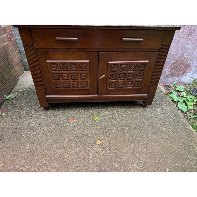 Antique French Art Deco Style Marble Top Oak Wood Cabinet Sideboard With Geometric Front For Sale In Washington DC - Image 6 of 18