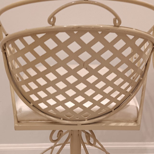 Metal Vintage French Style Wrought Iron Indoor/Outdoor Swivel Barstools W/Cream Coating, Lattice Back and a Beautiful Silky Cream Upholstered Seat, 3 Pieces For Sale - Image 7 of 16