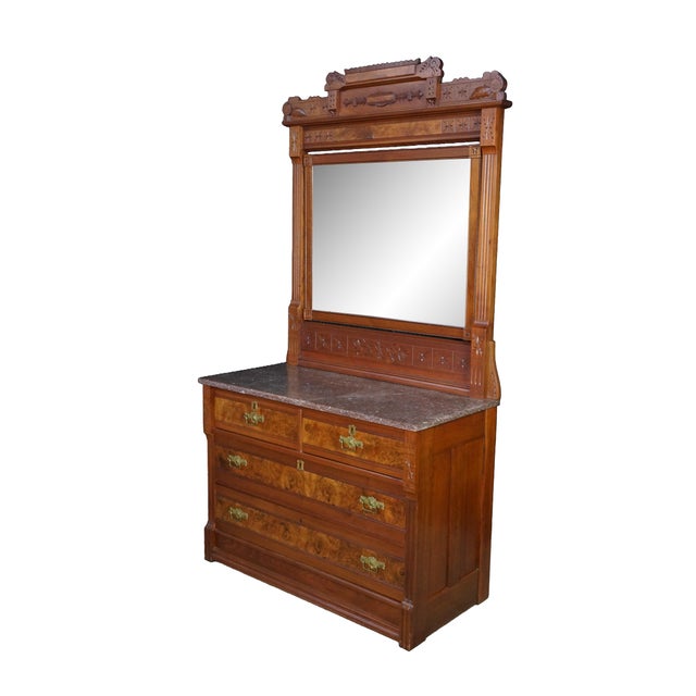 Victorian Antique Victorian Eastlake Walnut Burl Marble Top Dresser & Mirror Vanity Chest For Sale - Image 3 of 15
