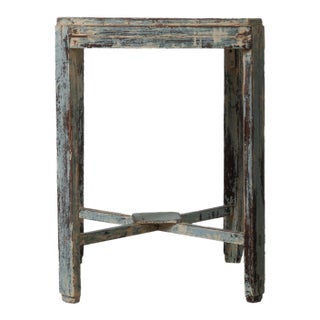 Late 20th Century Distressed Painted Wooden Accent Table With Weathered Blue Patina For Sale
