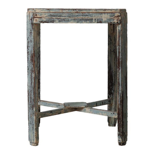 Late 20th Century Distressed Painted Wooden Accent Table With Weathered Blue Patina For Sale