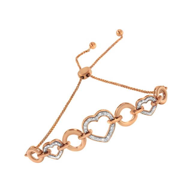 Contemporary 14K Rose Gold Plated .925 Sterling Silver Diamond Accent Circle and Heart Link Adjustable 6 Bolo Bracelet (I-J Color, I3 Clarity) For Sale - Image 3 of 7