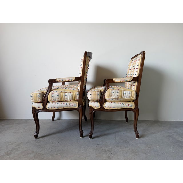 Vintage Louis XV Style French Provincial Walnut Upholstered Armchairs - A Pair For Sale In Miami - Image 6 of 17
