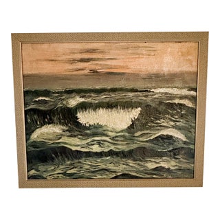 1930's Oil Painting of Waves Crashing on a Shore, Signed Folk Art Style Ocean Oil Painting For Sale