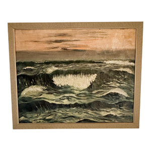 1930's Oil Painting of Waves Crashing on a Shore, Signed Folk Art Style Ocean Oil Painting