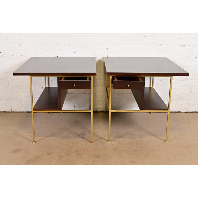 1950s Paul McCobb Irwin Collection Mahogany and Brass Nightstands or End Tables, Newly Refinished For Sale - Image 5 of 11