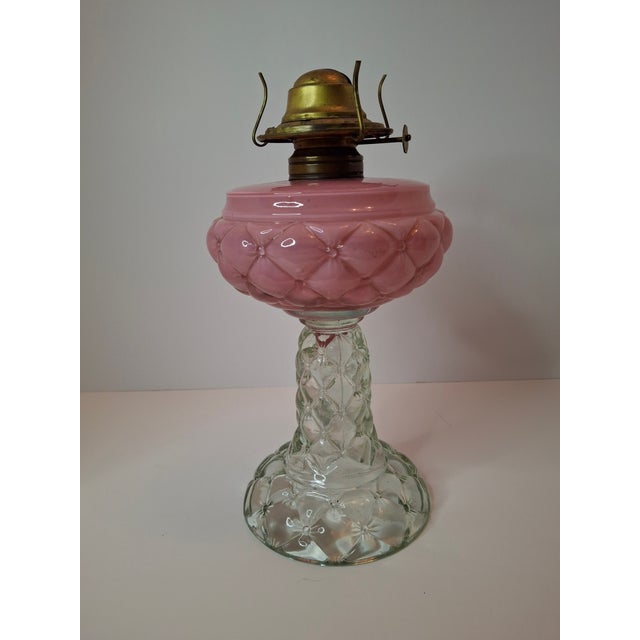 Rare Pair Antique Consolidated Pink & Blue Cased Glass Florette Stand Lamps P&A For Sale - Image 4 of 18