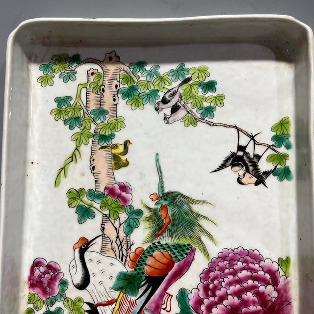 1970s Chinese Famille Rose Porcelain Rectangular Tray With Phoenix and Peonies For Sale In Los Angeles - Image 6 of 9