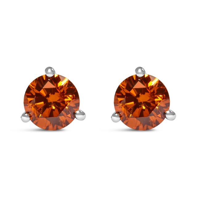 14K White Gold 1/2 Cttw Lab-Grown Round Brilliant-Cut Orange Diamond Classic 3-Prong Martini set Stud Earrings (Orange Color, VS1-VS2 Clarity) For Sale