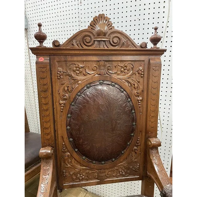 French Late 19th Century Large Pair of French Calver Dining Armchairs Leather Fabric For Sale - Image 3 of 16