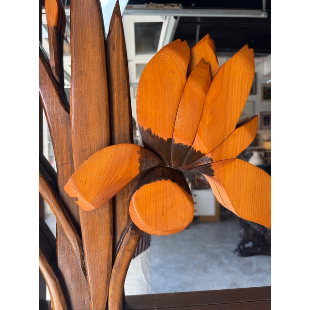 1980s 1982 Carpy Tropical Organic Carved Wood Iris Flowers Wall Mirror For Sale - Image 5 of 12