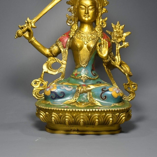 Gold Late 19th Century Cloisonné Enamel Manjushri Bodhisattva Statue, 1.15kg For Sale - Image 8 of 9