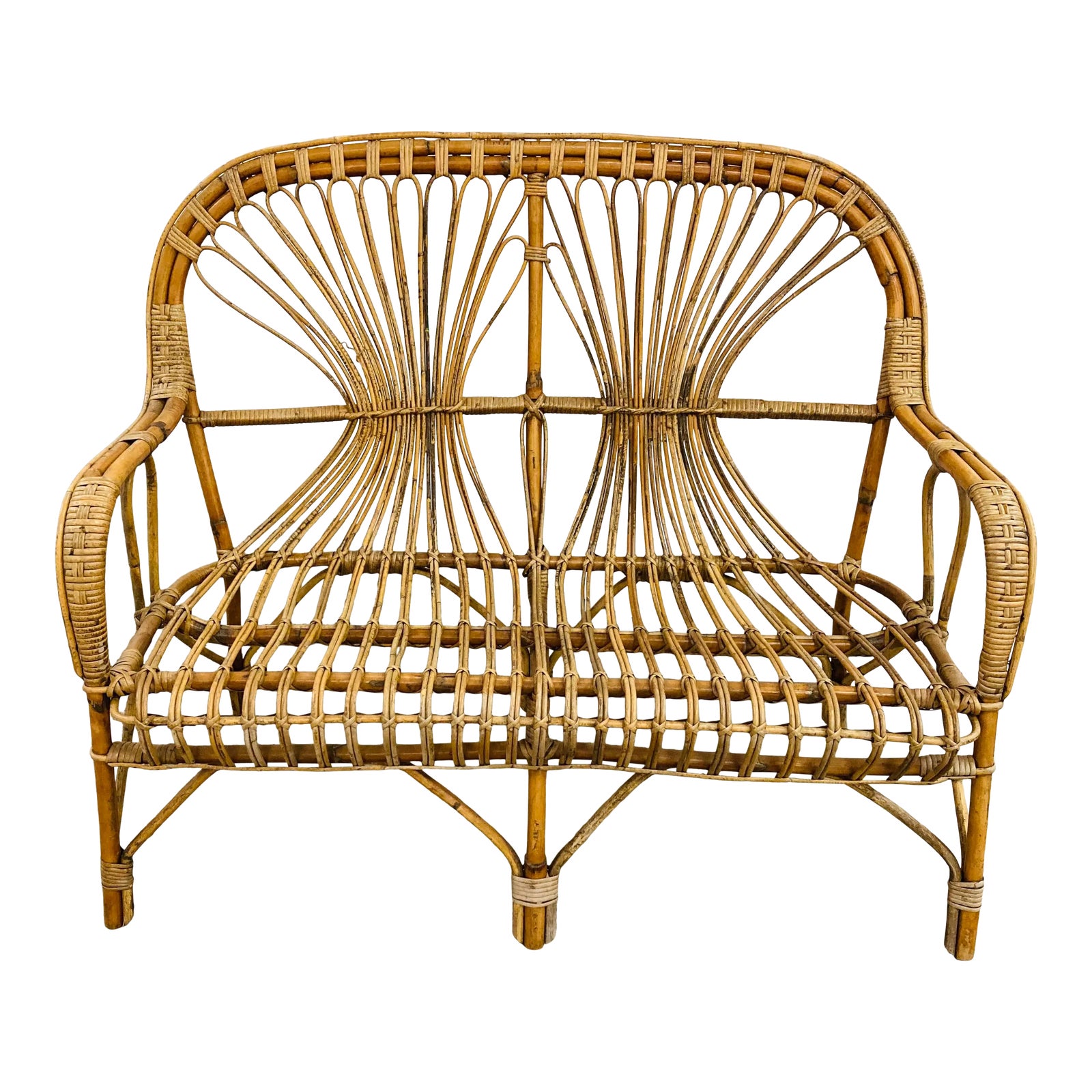 Vintage Rattan Settee, in the Manner of Paul Frankel Chairish