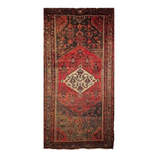 Vintage Persian Hamadan Area Rug, Handwoven Geometric Medallion Pattern, Moss Green & Red, 4’ X 7’ For Sale