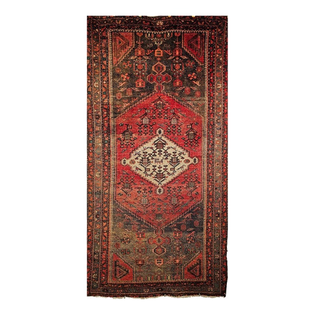 Vintage Persian Hamadan Area Rug, Handwoven Geometric Medallion Pattern, Moss Green & Red, 4’ X 7’ For Sale