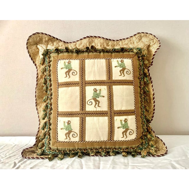 Thick Vintage Monkey With Trumpet Embroidered Traditional Pillow With Tassels For Sale In San Diego - Image 6 of 6