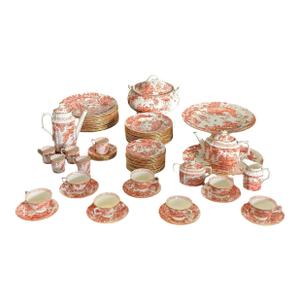 Late 20th Century Royal Crown Derby “Red Aves” Extensive Dinner & Tea Service — 64 Pieces