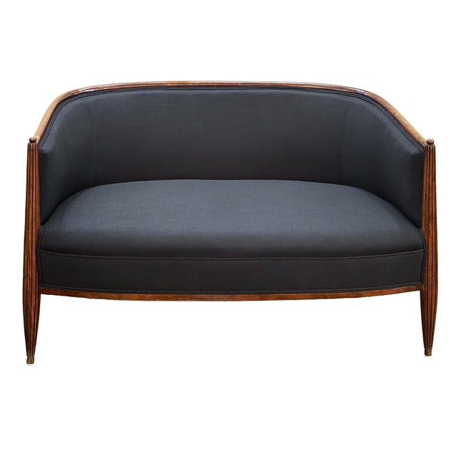 Art Deco French Sofa or Settee in the Art Deco Style Upholstered in Black Linen For Sale - Image 3 of 14