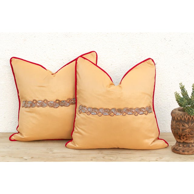 Crafted in India from a lustrous silk-blend textile, this pillow cover is embellished by hand with traditional Zardozi-...