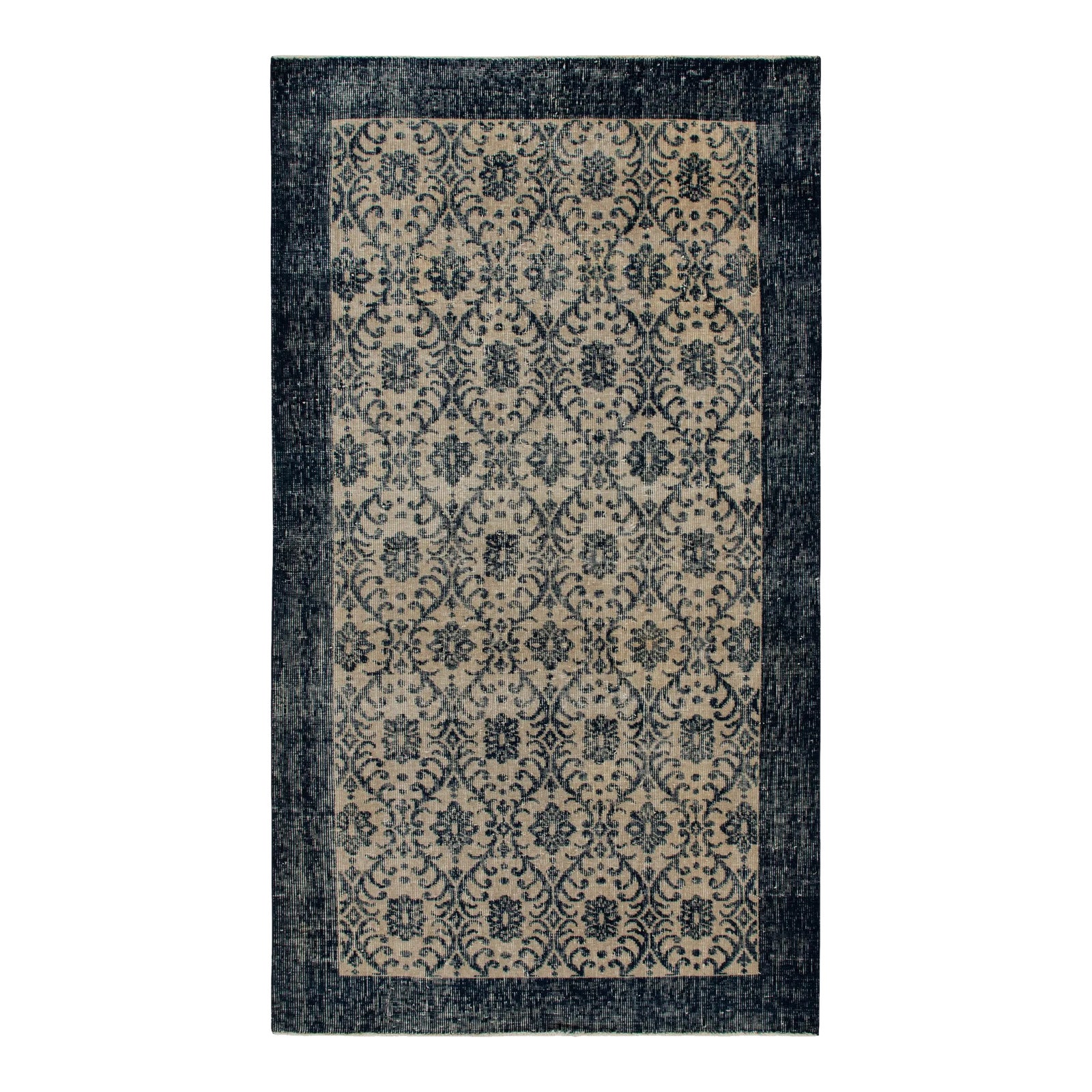 1960s Distressed Vintage Rug in Blue & Cream Art Nouveau Style Pattern ...
