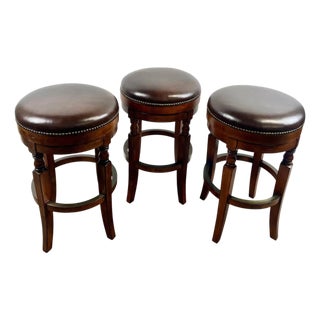 Vintage Traditional Style Frontgate Studded Leather Swivel Stool, a Set of 3 For Sale