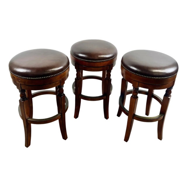 Vintage Traditional Style Frontgate Studded Leather Swivel Stool, a Set of 3 For Sale