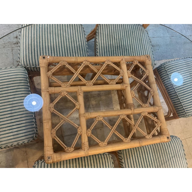 MCM Rattan Bamboo Dining Room Table Set 6 Chairs Glass Top Green Cushions For Sale - Image 9 of 12