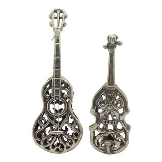 Vintage Italian Silver 800 Musical Duo Instruments Miniature with Guitar and Violin, 1980s For Sale