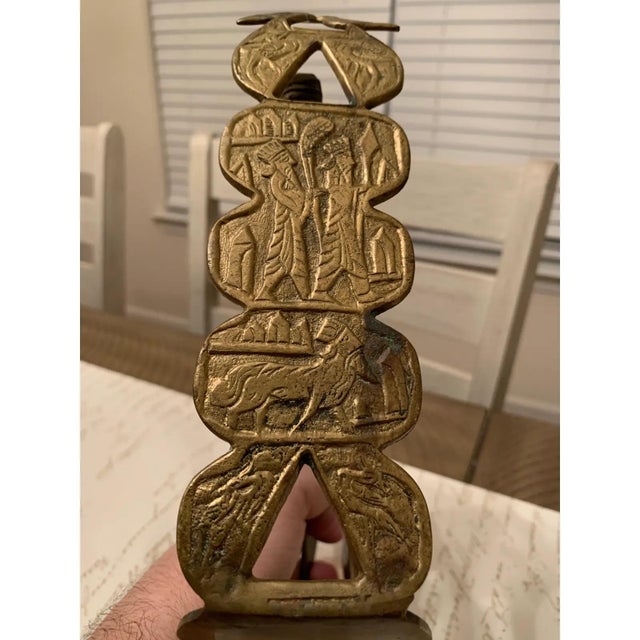 Metal Vintage Mid-Century Brass Camel Bookends With Ornate Hieroglyphs and Symbols - a Pair For Sale - Image 7 of 12