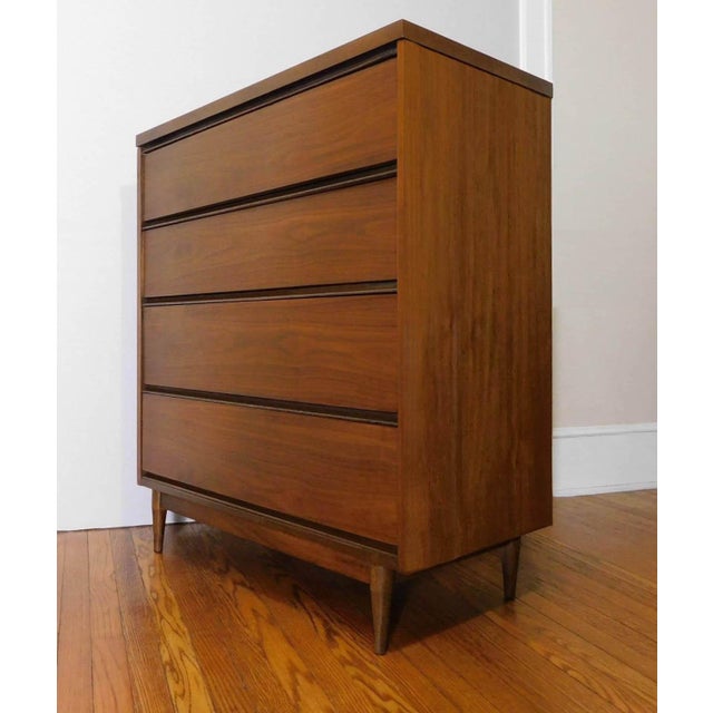 Mid Century Modern Stanley Sculpted Walnut 4 Drawer Tallboy Bureau