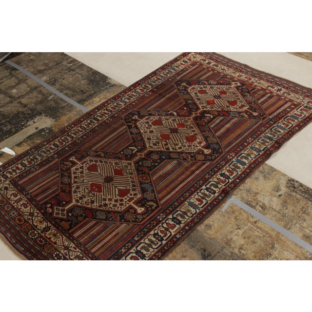 Hand-Knotted Antique Persian Qashqai Rug in Red, Beige-Brown Medallion Pattern For Sale In New York - Image 6 of 9