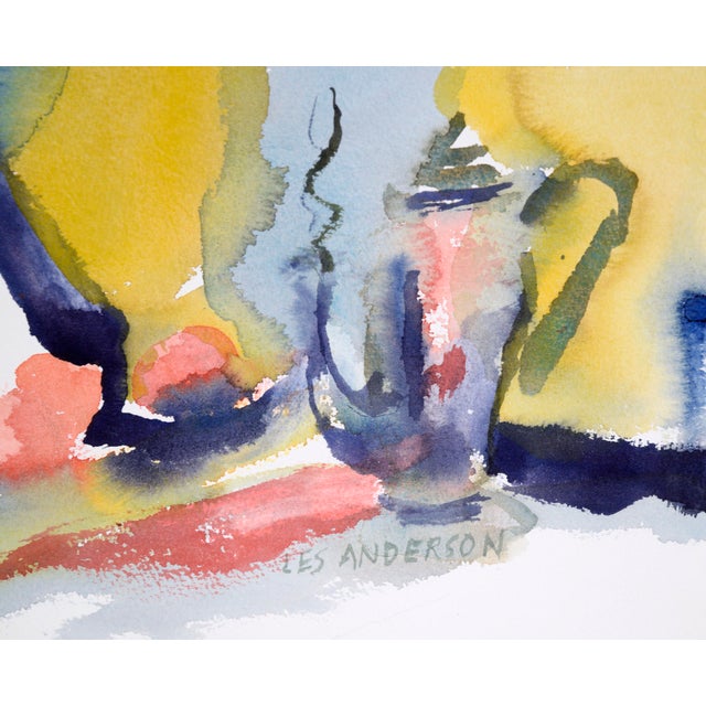 Abstract Still Life with Bouquet and Teapot in Watercolor on Paper Colorful still life with flowers and a teapot by Les...
