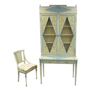Vintage Chinoiserie Butterfly & Bird Custom Painted Tall Secretary Desk & Chair - Set of 2 For Sale
