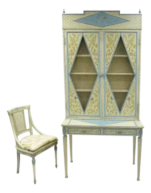Vintage Chinoiserie Butterfly & Bird Custom Painted Tall Secretary Desk & Chair - Set of 2