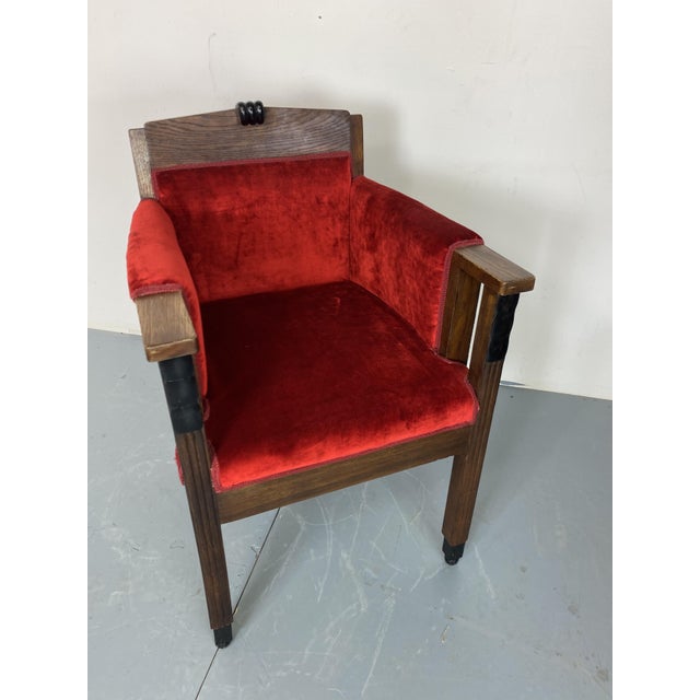 Art Deco Amsterdamse School Oak side desk chair, 1920s New upholstery in red velvet.