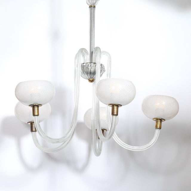 This stunning Mid-Century Modernist Hand-Blown Murano Glass Five Arm Chandelier W/ Filigree Detailing &amp; Oil Rubbed...