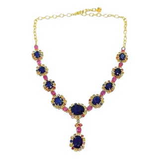 Bochic "Capri" Natural Multi Sapphire & Ruby Necklace Set 18K Gold & Silver For Sale