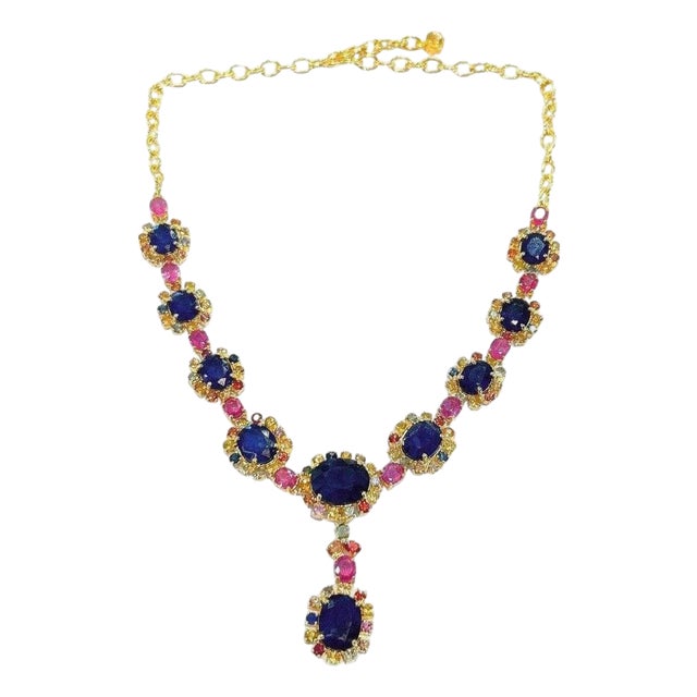 Bochic "Capri" Natural Multi Sapphire & Ruby Necklace Set 18K Gold & Silver For Sale