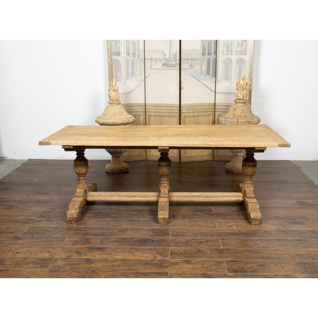 Wood French 19th Century Bleached Oak Farm Table with Trestle Base and Baluster Legs For Sale - Image 7 of 12