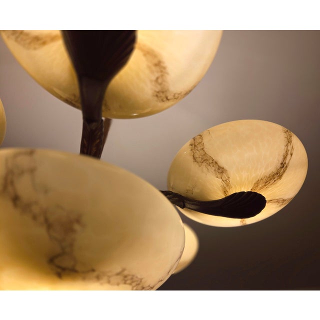 1930s 5-Arm Art Deco Chandelier Marbled Glass Shades Brass Accents, Antique European Lamp For Sale - Image 10 of 16