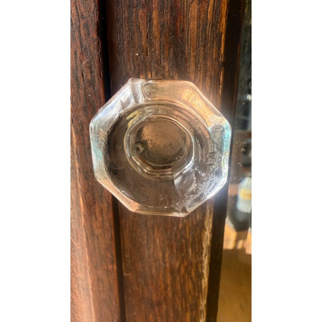 Wood Antique Industrial Oak Storage Cabinet With Ontario Laundry Beveled Mirror For Sale - Image 7 of 9