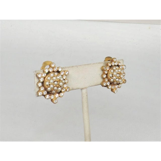 Gold Vintage Signed DeNicola Faux-Pearl & Rhinestone Clip Earrings - 2 Pieces For Sale - Image 8 of 9