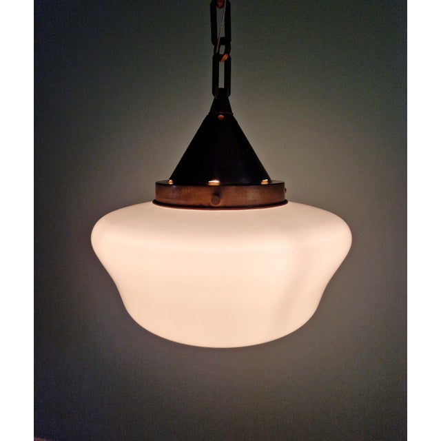 Copper Art Deco Pendant Light in White Opaline Glass with Brass Frame, 1920s For Sale - Image 8 of 13
