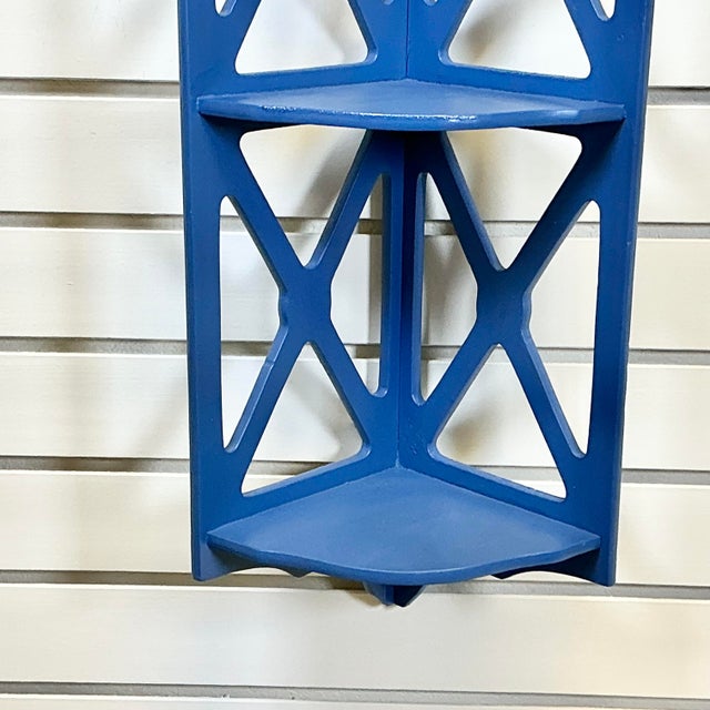 Blue 1960s Vintage Americana Boho Chic Folk Art 3-Tier Wall Mounted Corner Shelf For Sale - Image 8 of 13