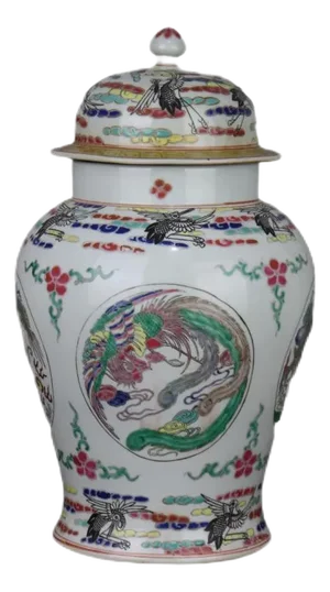 Antique Chinese Ceramic Pot Qing Dynasty Kangxi Marked Famille Verte Porcelain Ginger Jar Hand Painted Dragon and Phoenix Pattern