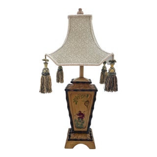 Vintage Faux Bamboo Monkey & Palm Tree Table Lamp W/Pagoda Shaped Shade For Sale